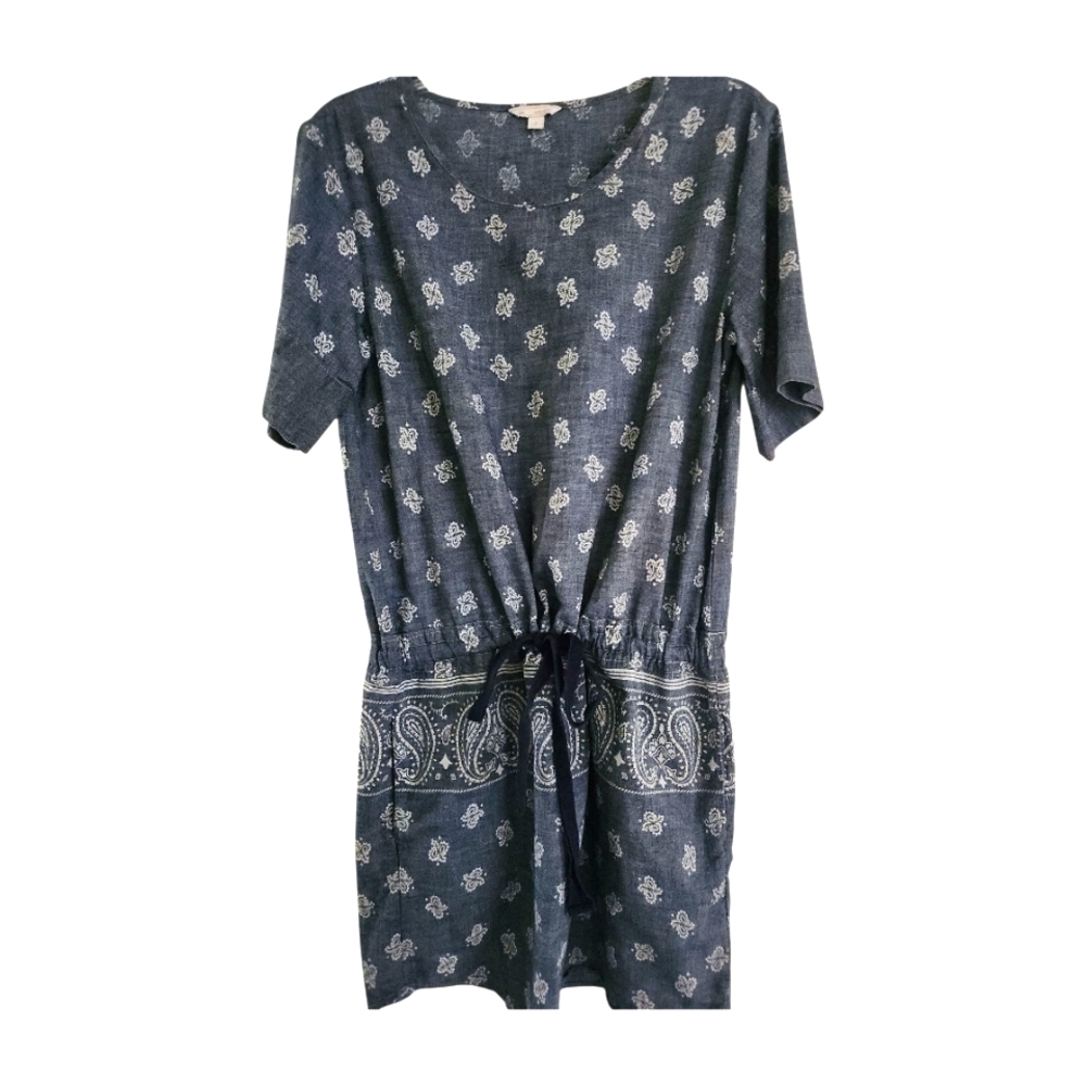 Gap Drawstring Waist Dress Size S Blue Chambray Cotton Paisley Short Sleeves